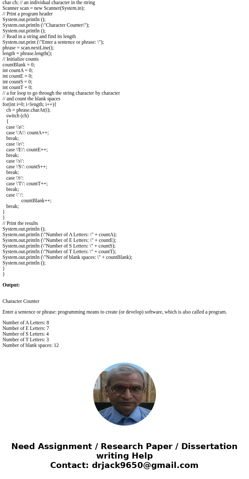 Counting Characters - Count.java The file Count.java contains the skeleton of a program to read in a string (a sentence or phrase) and count the number of blank Counting Characters - Count.java The file Count.java contains the skeleton of a program to read in a string (a sentence or phrase) and count the number of blank