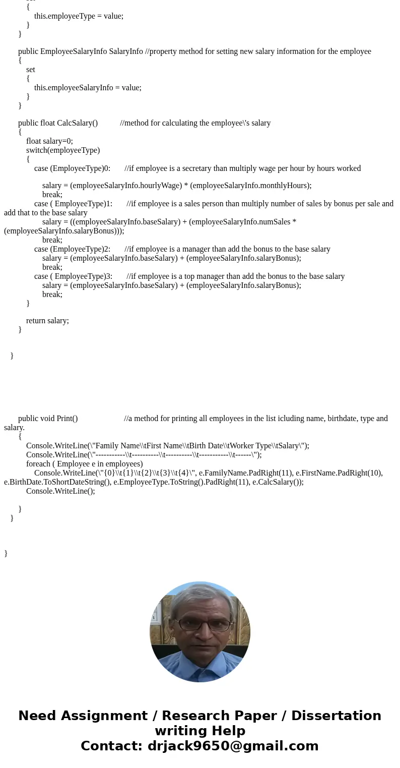 Create a C# application You are to create a class object called “Employee” which included eight private variables: firstN lastN dNum wage: holds how much the pe Create a C# application You are to create a class object called “Employee” which included eight private variables: firstN lastN dNum wage: holds how much the pe