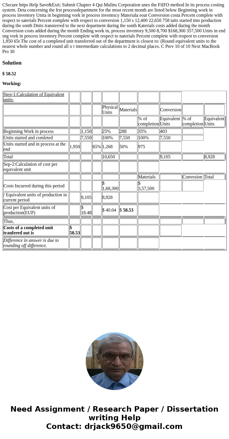  CSecure https Help Save&Exit; Submit Chapter 4 Qui Mulins Corporation unes the FiIFO method In its process costing system. Deta concerning the frst process