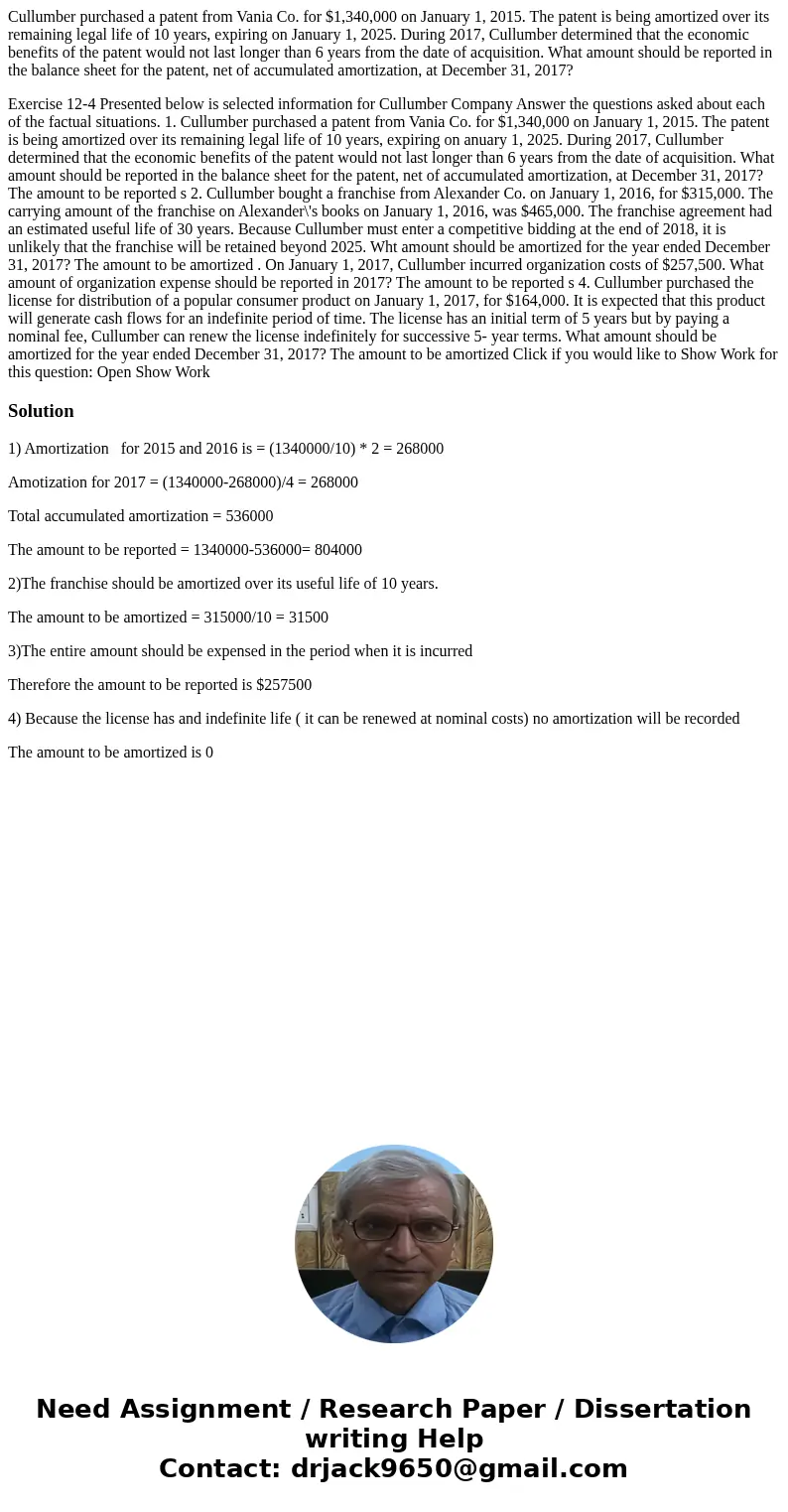 Cullumber purchased a patent from Vania Co. for $1,340,000 on January 1, 2015. The patent is being amortized over its remaining legal life of 10 years, expiring