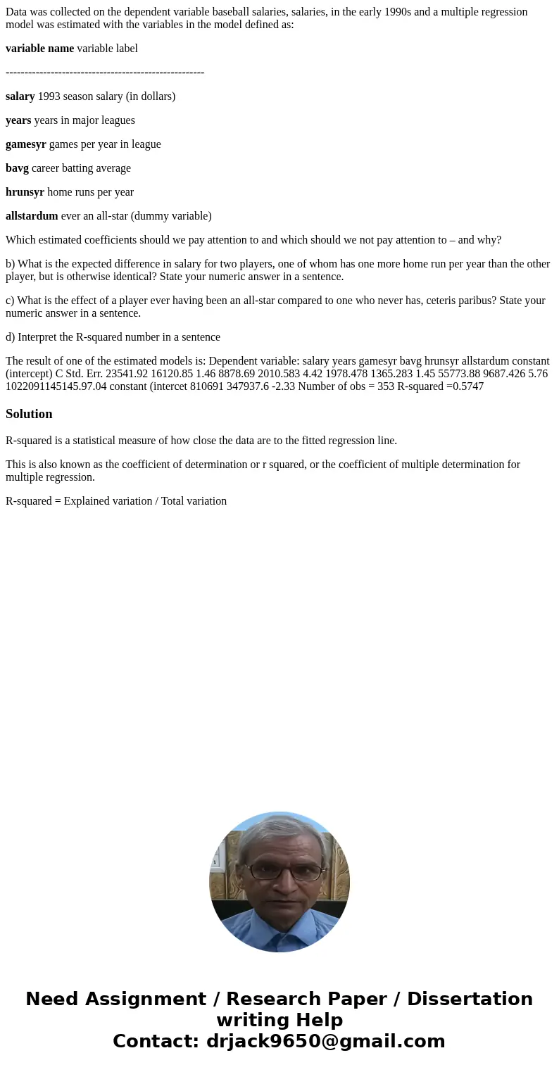 Data was collected on the dependent variable baseball salaries, salaries, in the early 1990s and a multiple regression model was estimated with the variables in Data was collected on the dependent variable baseball salaries, salaries, in the early 1990s and a multiple regression model was estimated with the variables in