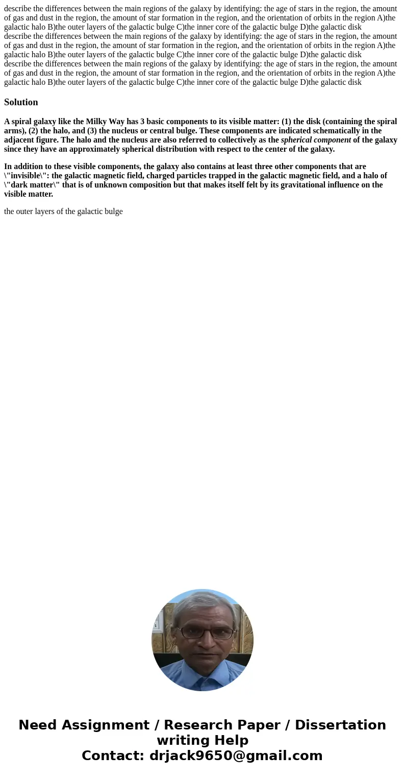  describe the differences between the main regions of the galaxy by identifying: the age of stars in the region, the amount of gas and dust in the region, the a