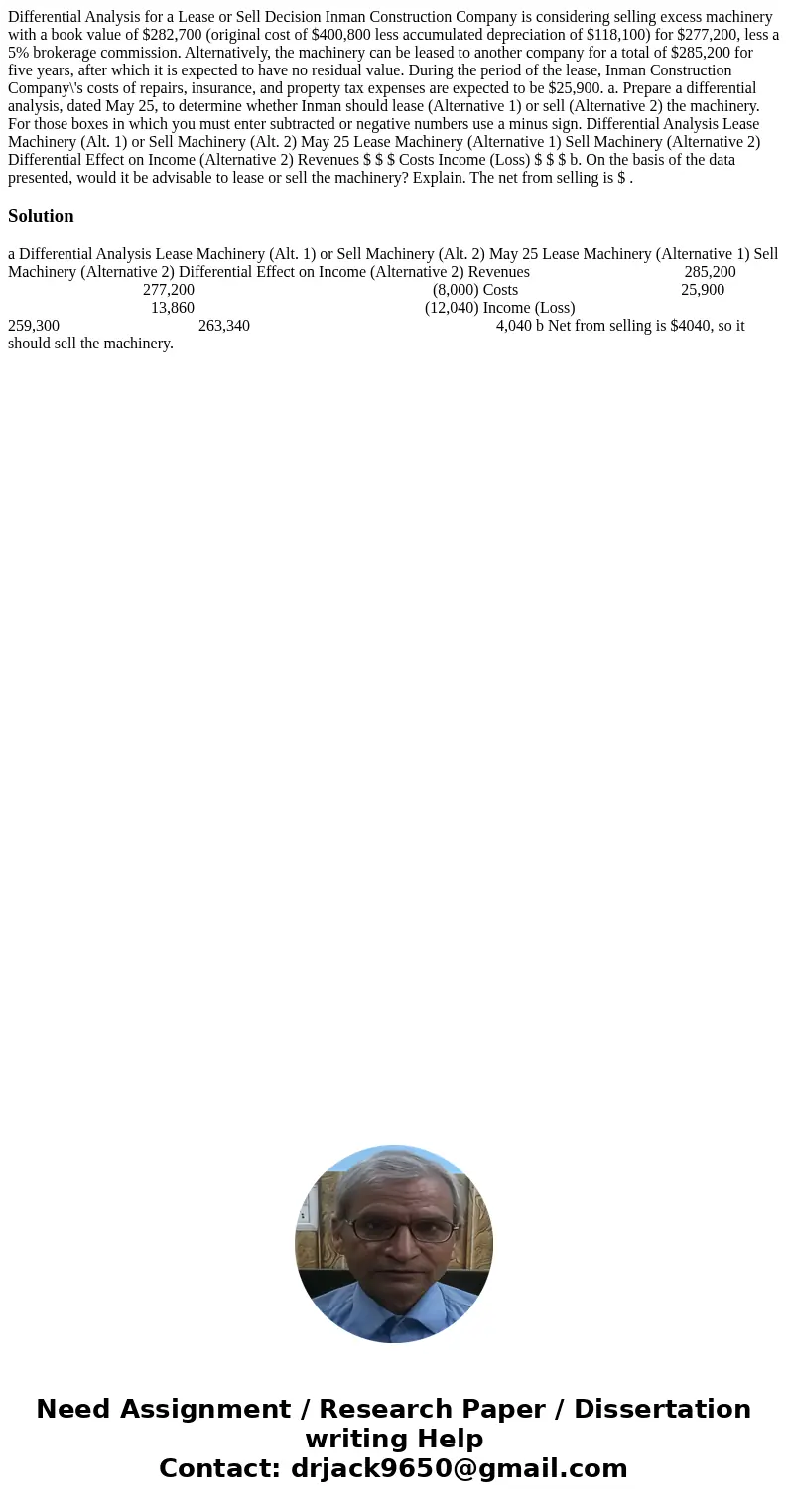 Differential Analysis for a Lease or Sell Decision Inman Construction Company is considering selling excess machinery with a book value of $282,700 (original co Differential Analysis for a Lease or Sell Decision Inman Construction Company is considering selling excess machinery with a book value of $282,700 (original co