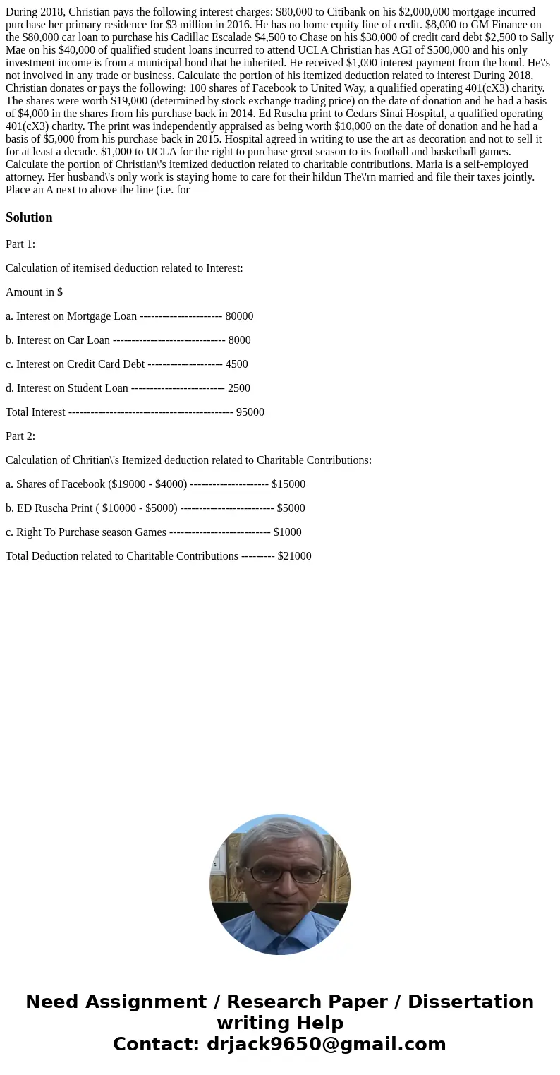  During 2018, Christian pays the following interest charges: $80,000 to Citibank on his $2,000,000 mortgage incurred purchase her primary residence for $3 milli
