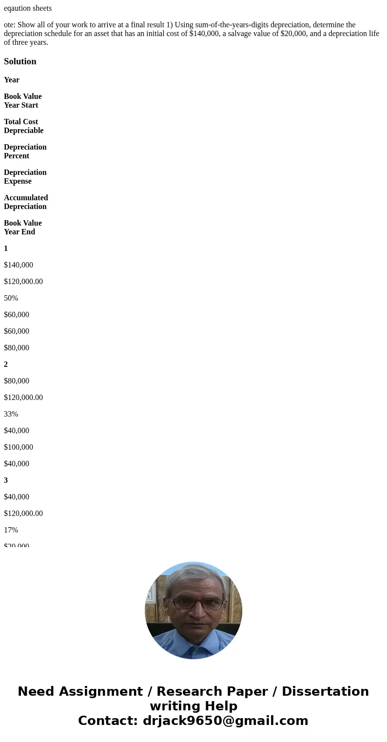eqaution sheets ote: Show all of your work to arrive at a final result 1) Using sum-of-the-years-digits depreciation, determine the depreciation schedule for an eqaution sheets ote: Show all of your work to arrive at a final result 1) Using sum-of-the-years-digits depreciation, determine the depreciation schedule for an