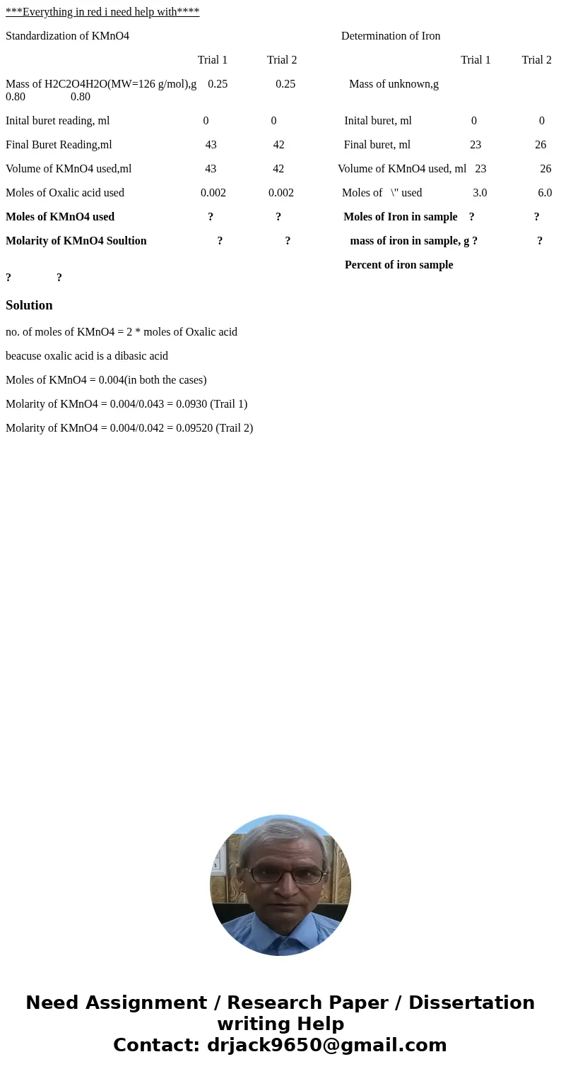 ***Everything in red i need help with**** Standardization of KMnO4 Determination of Iron Trial 1 Trial 2 Trial 1 Trial 2 Mass of H2C2O4H2O(MW=126 g/mol),g 0.25 