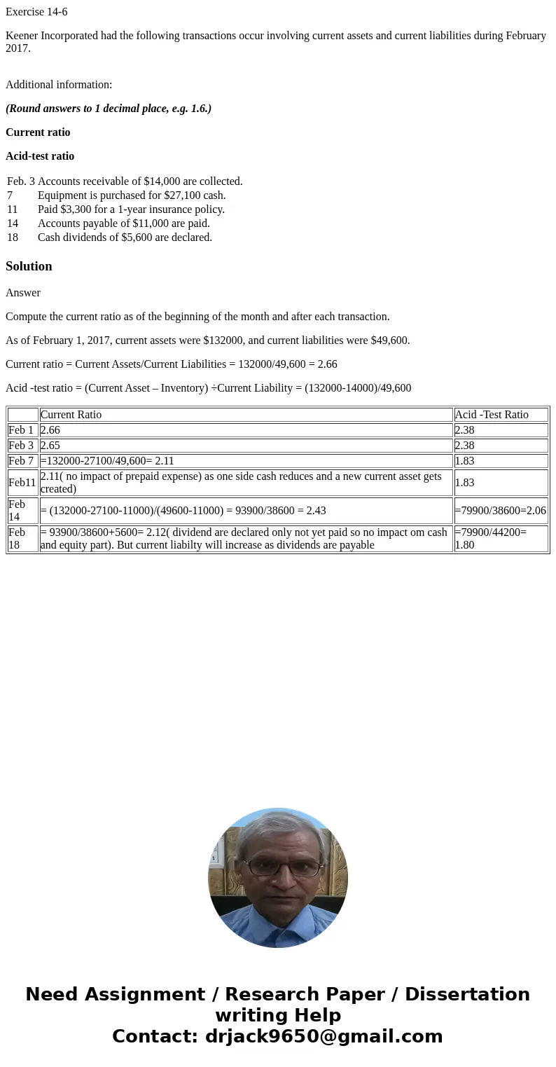 Exercise 14-6 Keener Incorporated had the following transactions occur involving current assets and current liabilities during February 2017. Additional informa Exercise 14-6 Keener Incorporated had the following transactions occur involving current assets and current liabilities during February 2017. Additional informa