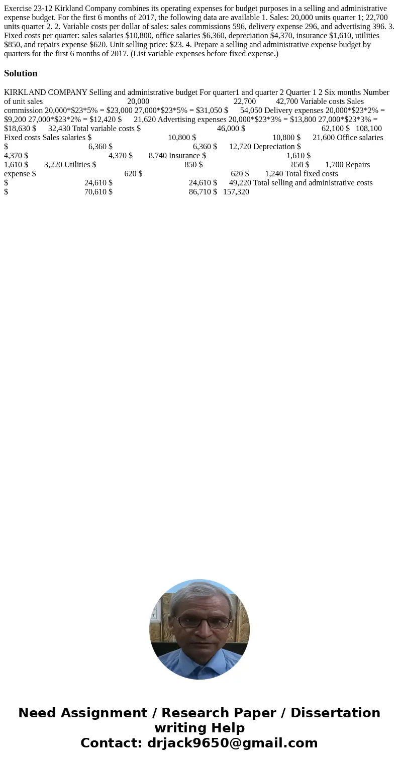  Exercise 23-12 Kirkland Company combines its operating expenses for budget purposes in a selling and administrative expense budget. For the first 6 months of 2