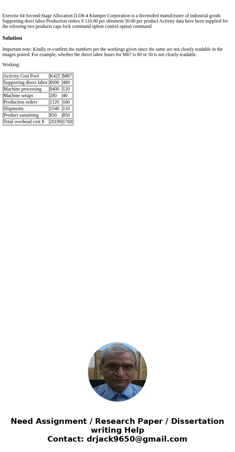 Exercise 64 Second-Stage Allocation [LO6-4 Klumper Corporation is a divensifed manufctuner of industrial goods Supporting drect labor Production orders S 110.0  Exercise 64 Second-Stage Allocation [LO6-4 Klumper Corporation is a divensifed manufctuner of industrial goods Supporting drect labor Production orders S 110.0