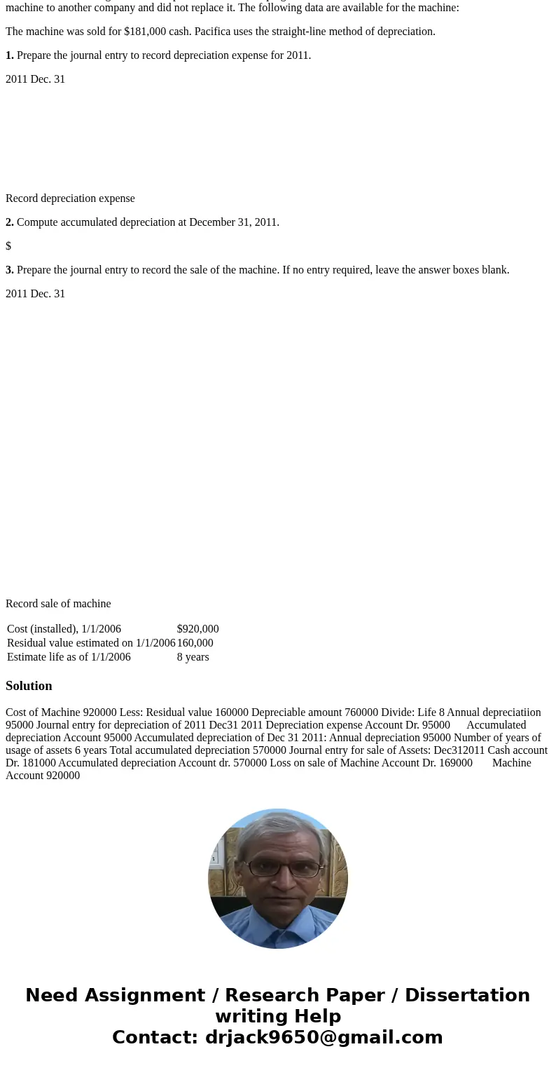 Exercise 7-48 (Algorithmic) Sale of Plant Asset Pacifica Manufacturing retired a computerized metal stamping machine on December 31, 2011. Pacifica sold the mac