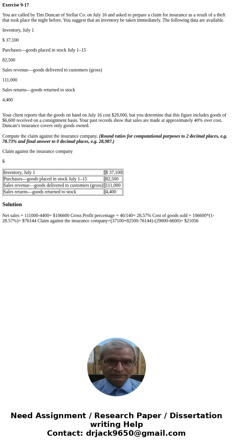 Exercise 9-17 You are called by Tim Duncan of Stellar Co. on July 16 and asked to prepare a claim for insurance as a result of a theft that took place the night Exercise 9-17 You are called by Tim Duncan of Stellar Co. on July 16 and asked to prepare a claim for insurance as a result of a theft that took place the night