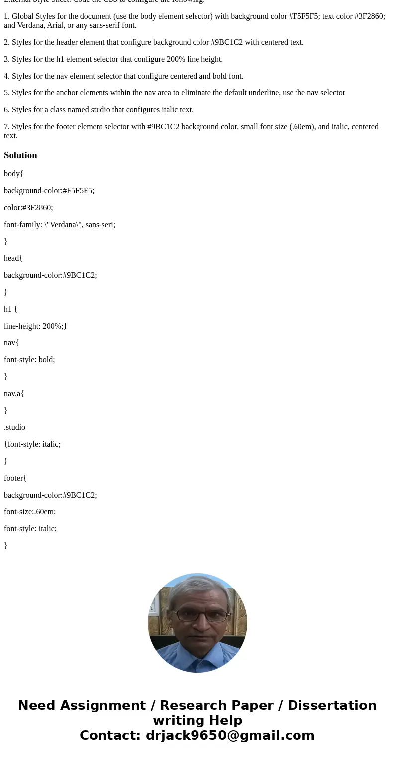External Style Sheet. Code the CSS to configure the following: 1. Global Styles for the document (use the body element selector) with background color #F5F5F5;  External Style Sheet. Code the CSS to configure the following: 1. Global Styles for the document (use the body element selector) with background color #F5F5F5;