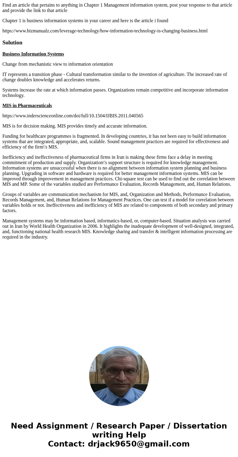 Find an article that pertains to anything in Chapter 1 Management information system, post your response to that article and provide the link to that article Ch