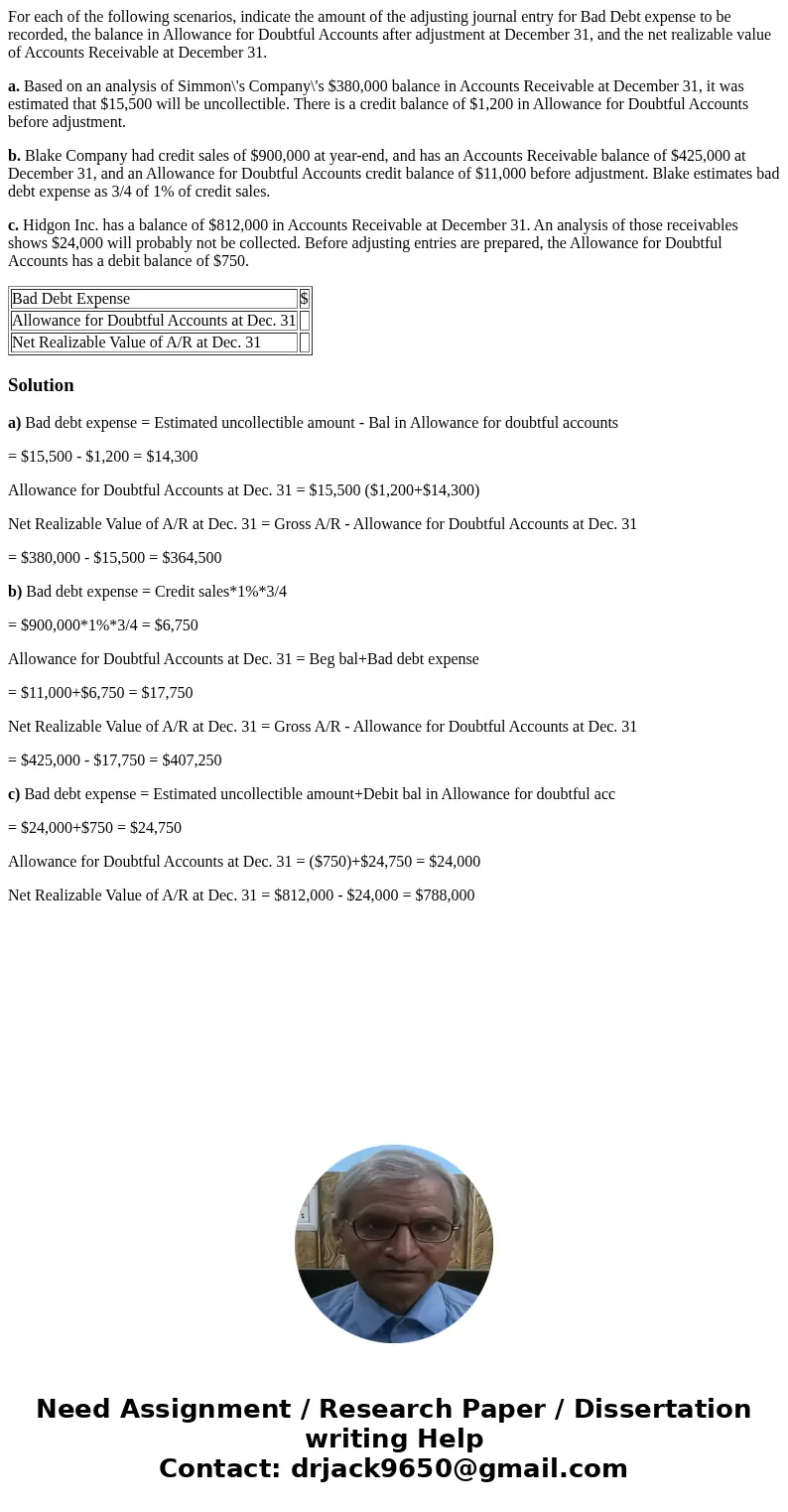 For each of the following scenarios, indicate the amount of the adjusting journal entry for Bad Debt expense to be recorded, the balance in Allowance for Doubtf For each of the following scenarios, indicate the amount of the adjusting journal entry for Bad Debt expense to be recorded, the balance in Allowance for Doubtf