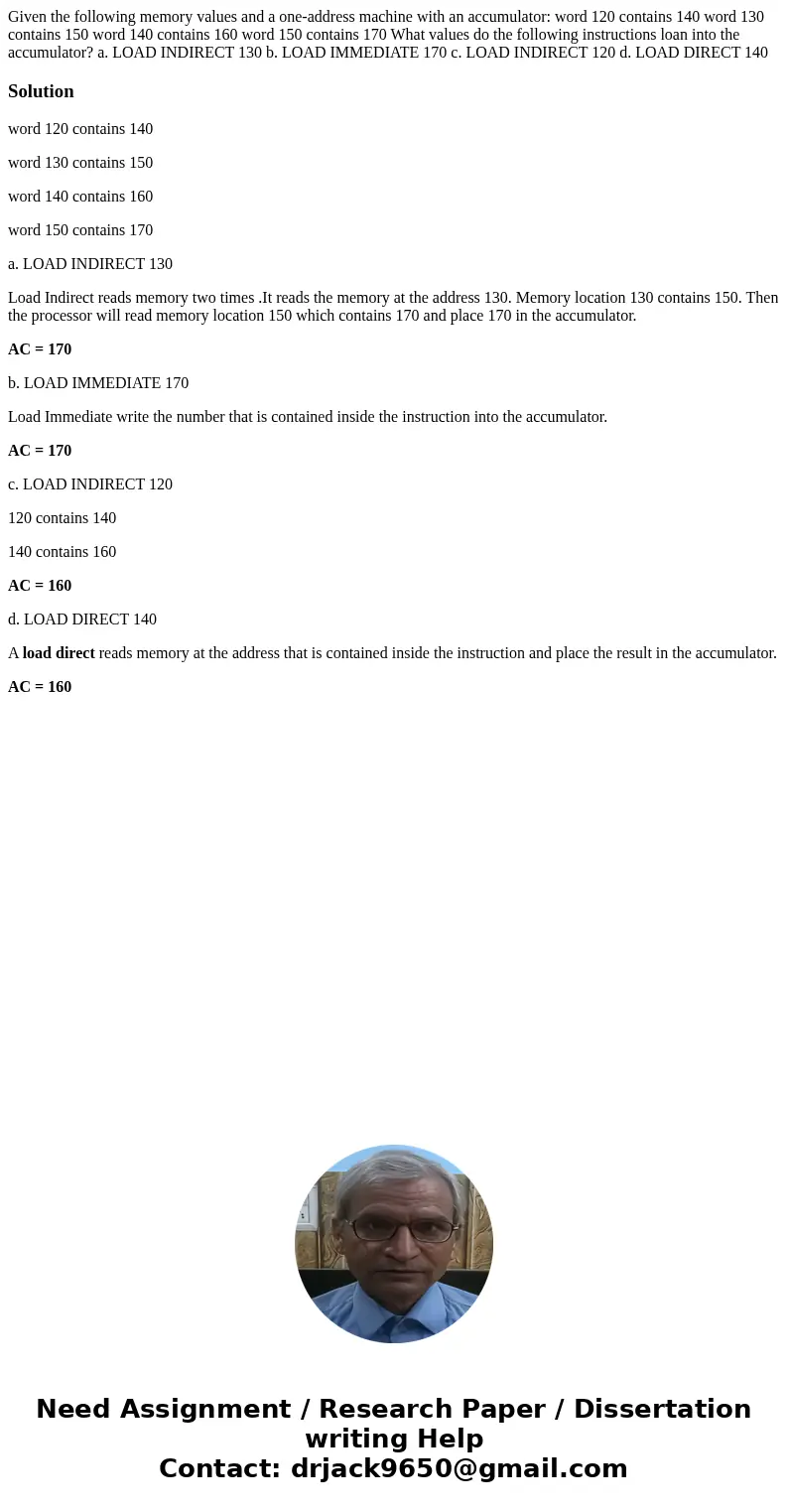Given the following memory values and a one-address machine with an accumulator: word 120 contains 140 word 130 contains 150 word 140 contains 160 word 150 cont Given the following memory values and a one-address machine with an accumulator: word 120 contains 140 word 130 contains 150 word 140 contains 160 word 150 cont