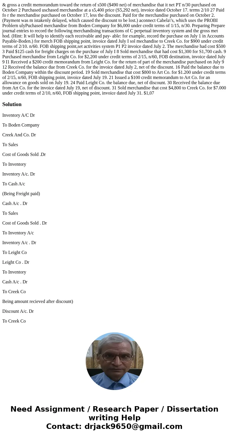 & gross a credit memorandum toward the return of s500 ($490 net) of merchandise that it net PT n/30 purchased on October 2 Purchased uschased merchandise a  & gross a credit memorandum toward the return of s500 ($490 net) of merchandise that it net PT n/30 purchased on October 2 Purchased uschased merchandise a