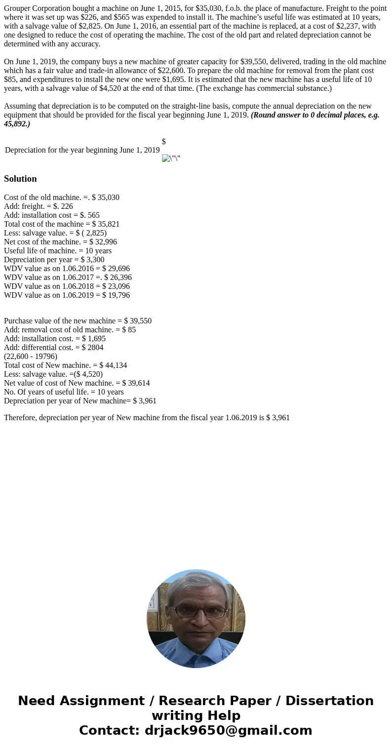 Grouper Corporation bought a machine on June 1, 2015, for $35,030, f.o.b. the place of manufacture. Freight to the point where it was set up was $226, and $565 