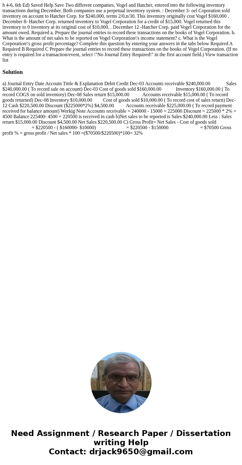  h 4-6, 6th Ed) Saved Help Save Two different companies, Vogel and Hatcher, entered into the following inventory transactions during December. Both companies us