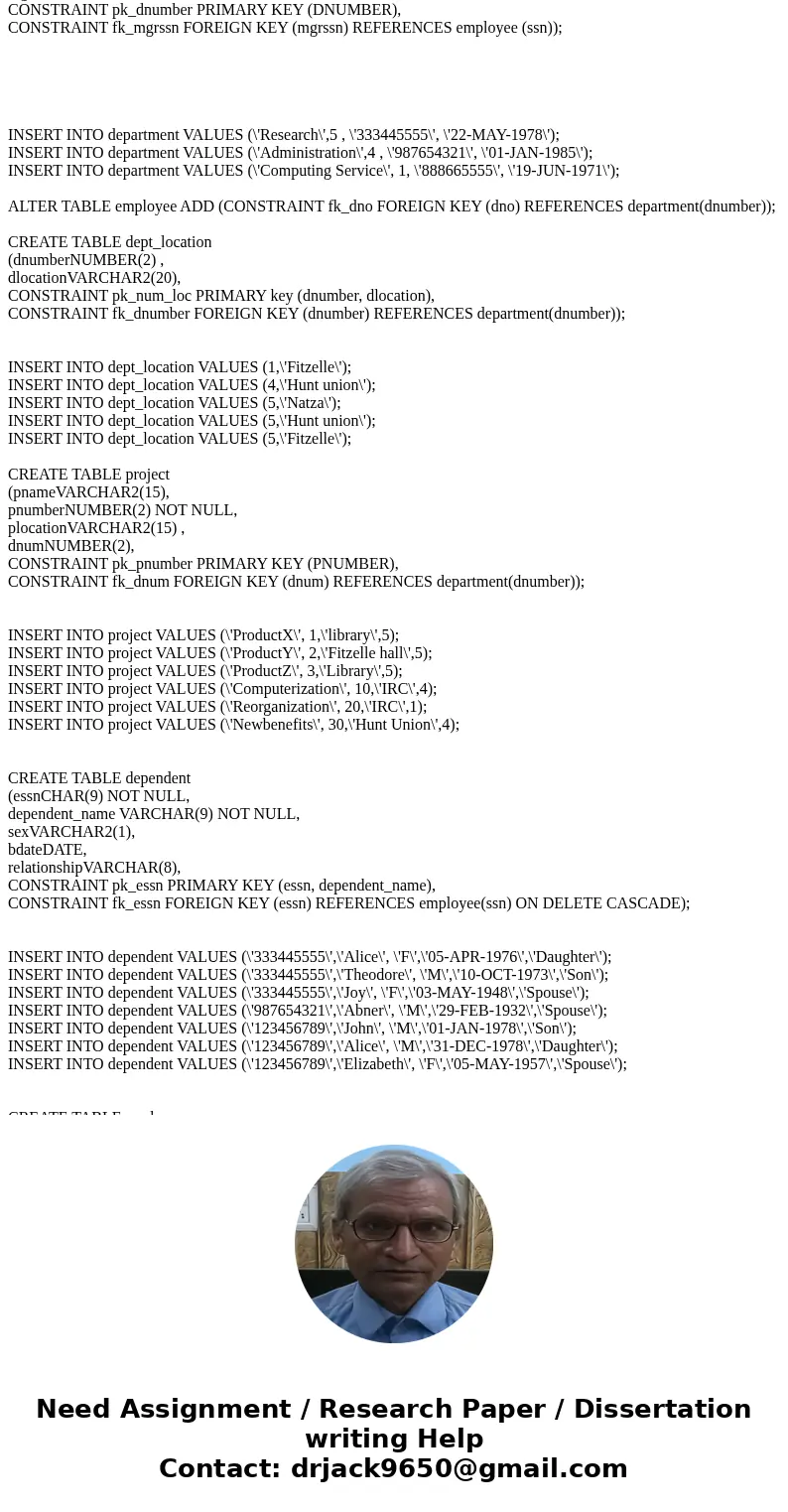 Here is the company database --comments can be added DROP TABLE works_on; DROP TABLE dependent; DROP TABLE project; DROP TABLE dept_location; ALTER TABLE depar