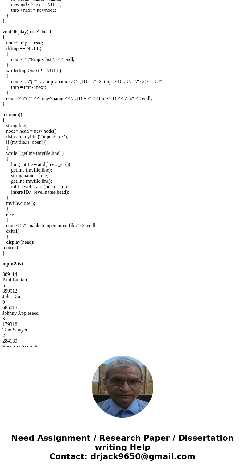 I am having some trouble trying to create a linked list from a text file input from user The three lines respectively represent a long integer ID of a person, t I am having some trouble trying to create a linked list from a text file input from user The three lines respectively represent a long integer ID of a person, t
