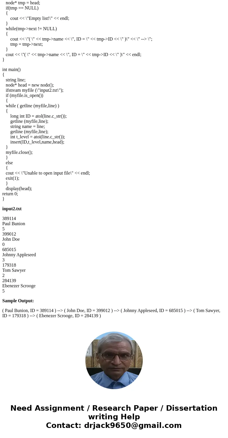 I am having some trouble trying to create a linked list from a text file input from user The three lines respectively represent a long integer ID of a person, t I am having some trouble trying to create a linked list from a text file input from user The three lines respectively represent a long integer ID of a person, t