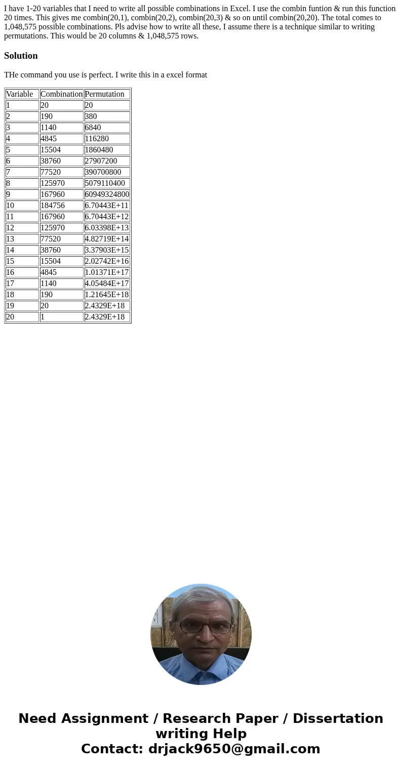 I have 1-20 variables that I need to write all possible combinations in Excel. I use the combin funtion & run this function 20 times. This gives me combin(2 I have 1-20 variables that I need to write all possible combinations in Excel. I use the combin funtion & run this function 20 times. This gives me combin(2