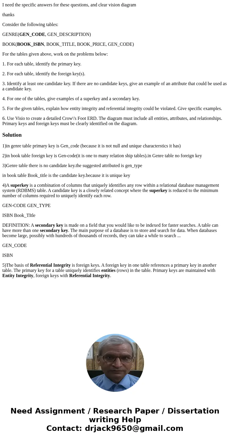 I need the specific answers for these questions, and clear vision diagram thanks Consider the following tables: GENRE(GEN_CODE, GEN_DESCRIPTION) BOOK(BOOK_ISBN,