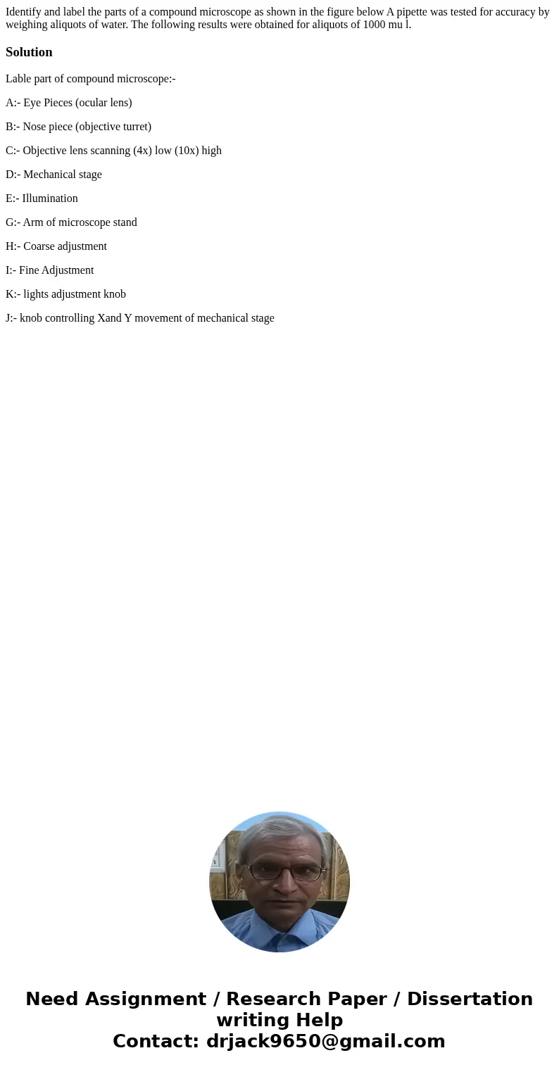  Identify and label the parts of a compound microscope as shown in the figure below A pipette was tested for accuracy by weighing aliquots of water. The followi