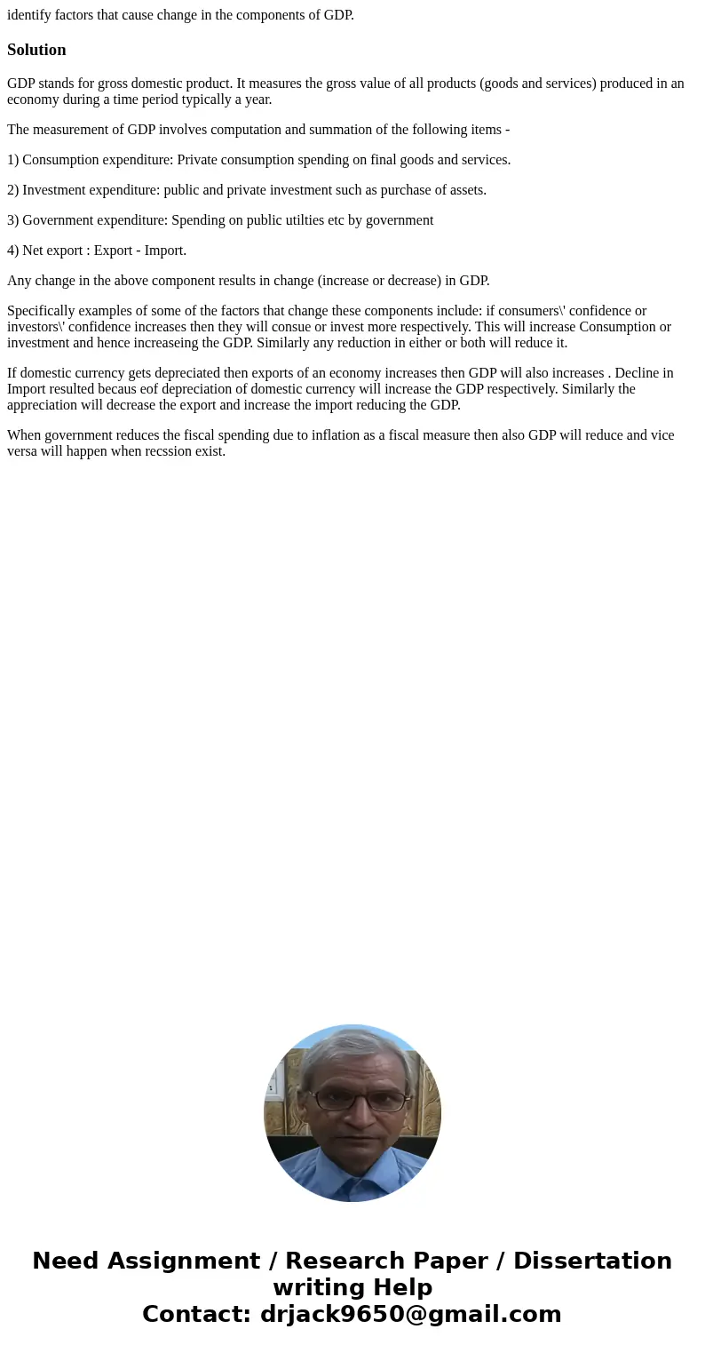 identify factors that cause change in the components of GDP.SolutionGDP stands for gross domestic product. It measures the gross value of all products (goods an