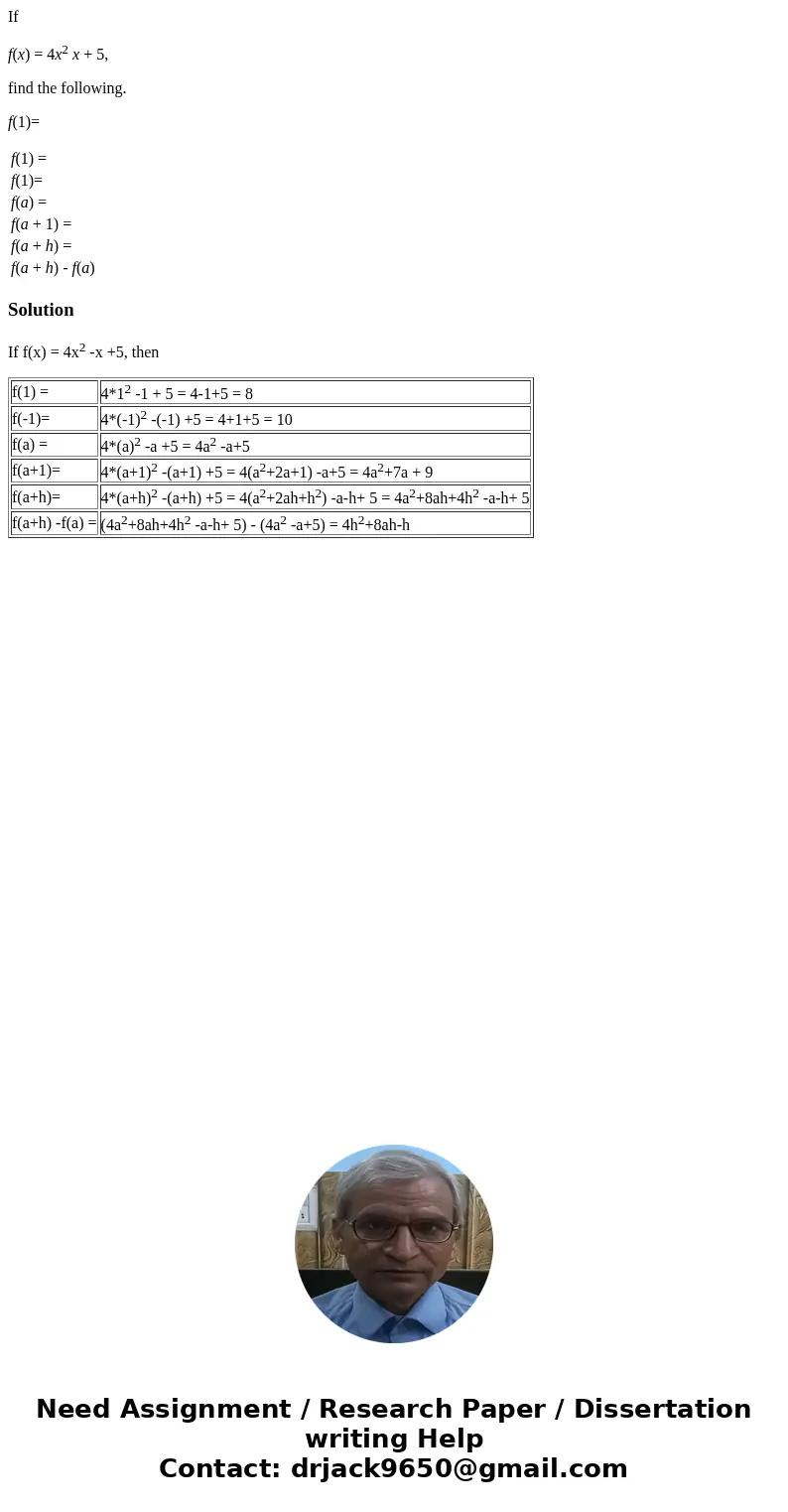 If f(x) = 4x2 x + 5, find the following. f(1)= f(1) = f(1)= f(a) = f(a + 1) = f(a + h) = f(a + h) - f(a) SolutionIf f(x) = 4x2 -x +5, then f(1) = 4*12 -1 + 5 = 