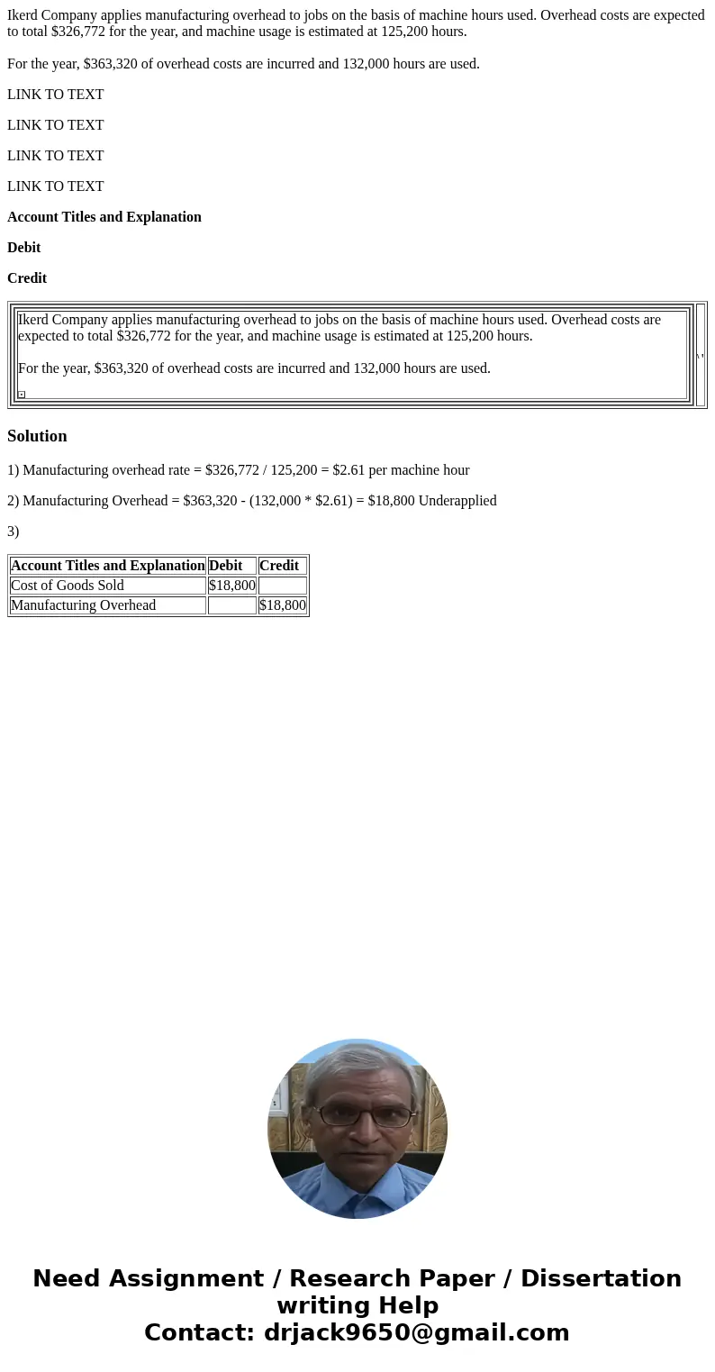 Ikerd Company applies manufacturing overhead to jobs on the basis of machine hours used. Overhead costs are expected to total $326,772 for the year, and machine