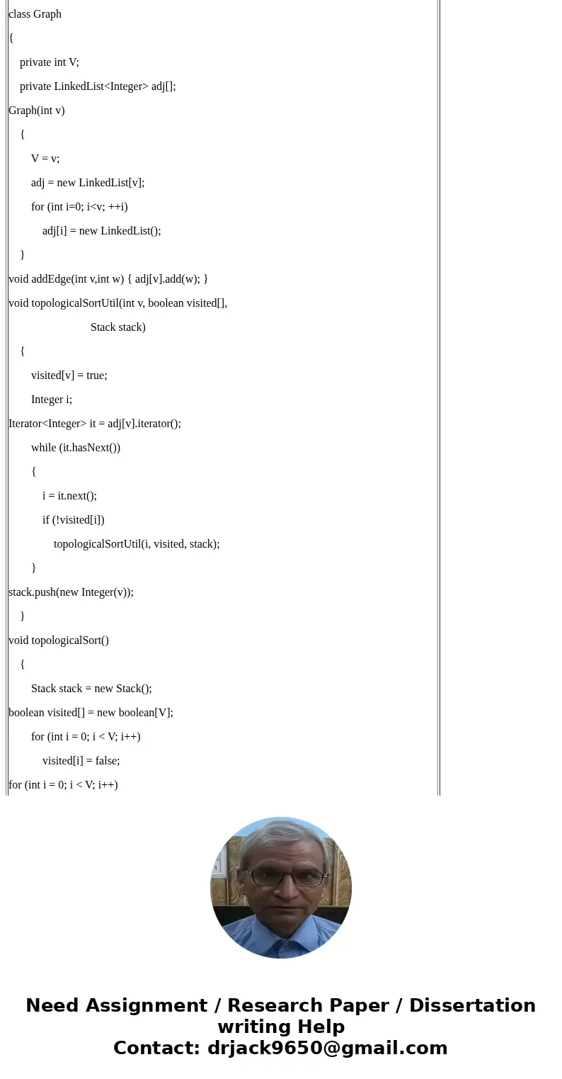 Implement the Depth-First Search (DFS) based algorithm in Java for (i) testing whether of not the input directed graph G is acyclic (a DAG), and (ii) if G is a  Implement the Depth-First Search (DFS) based algorithm in Java for (i) testing whether of not the input directed graph G is acyclic (a DAG), and (ii) if G is a