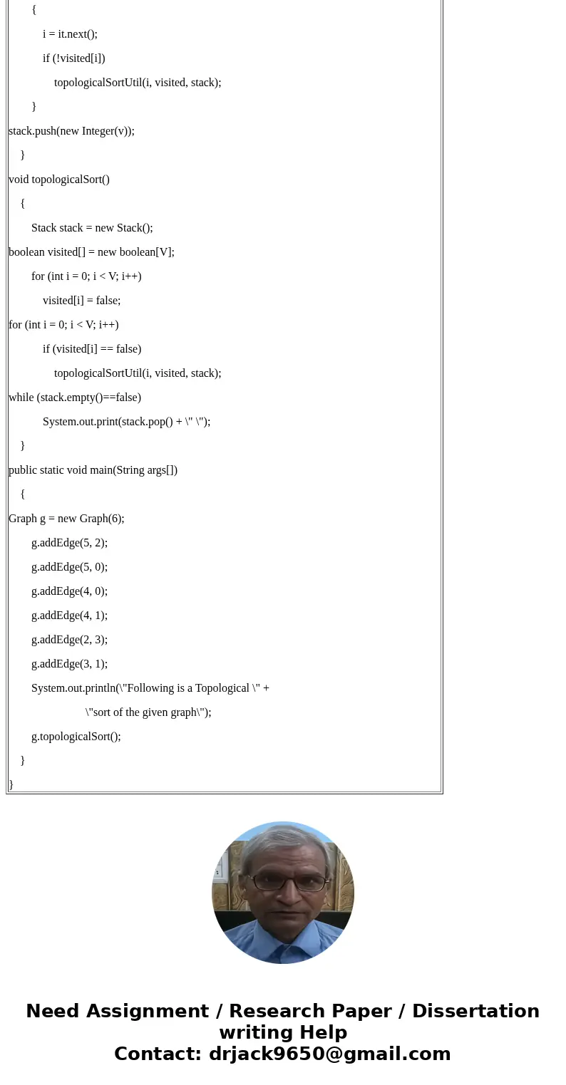 Implement the Depth-First Search (DFS) based algorithm in Java for (i) testing whether of not the input directed graph G is acyclic (a DAG), and (ii) if G is a  Implement the Depth-First Search (DFS) based algorithm in Java for (i) testing whether of not the input directed graph G is acyclic (a DAG), and (ii) if G is a