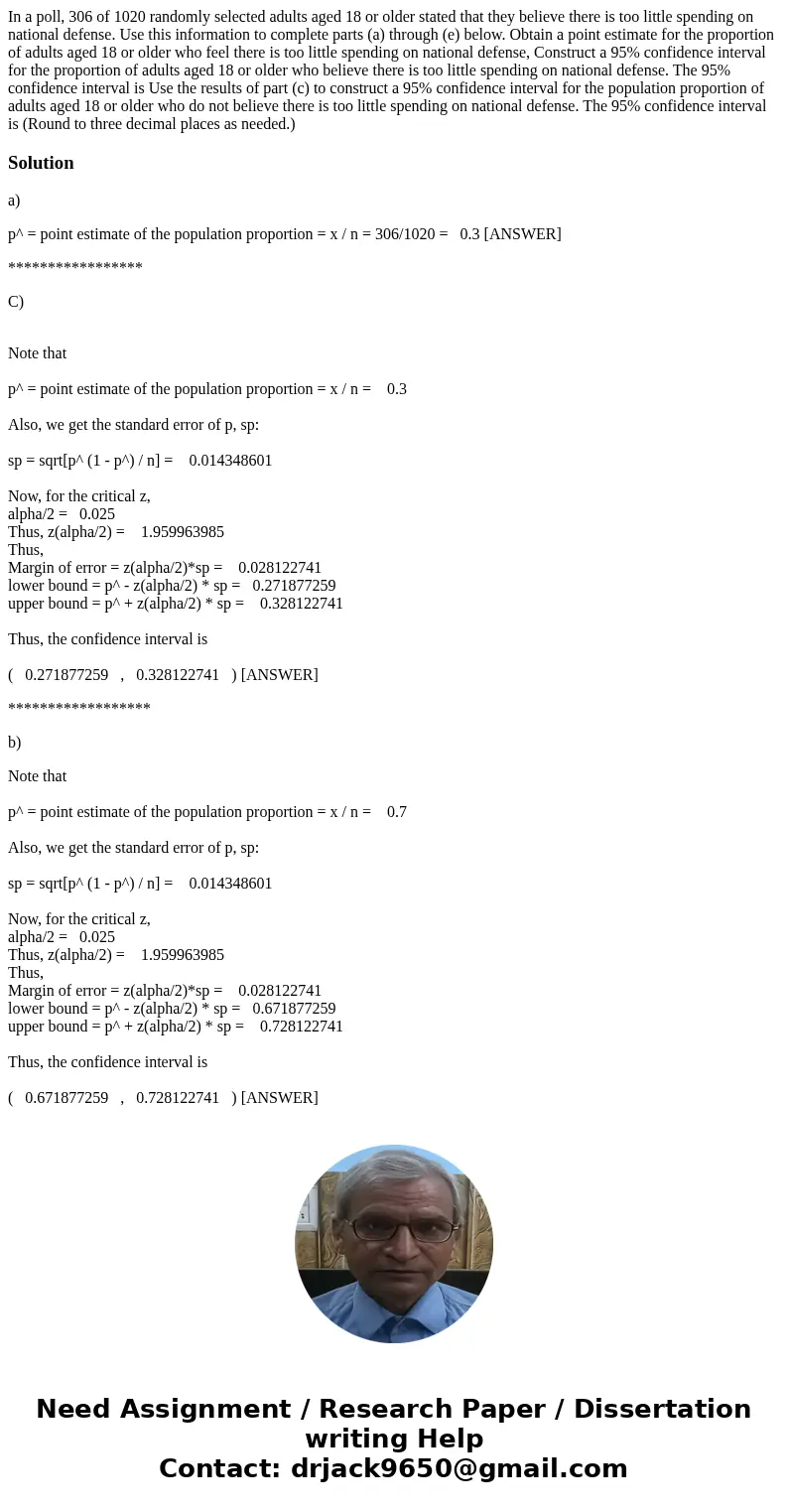 In a poll, 306 of 1020 randomly selected adults aged 18 or older stated that they believe there is too little spending on national defense. Use this informatio  In a poll, 306 of 1020 randomly selected adults aged 18 or older stated that they believe there is too little spending on national defense. Use this informatio