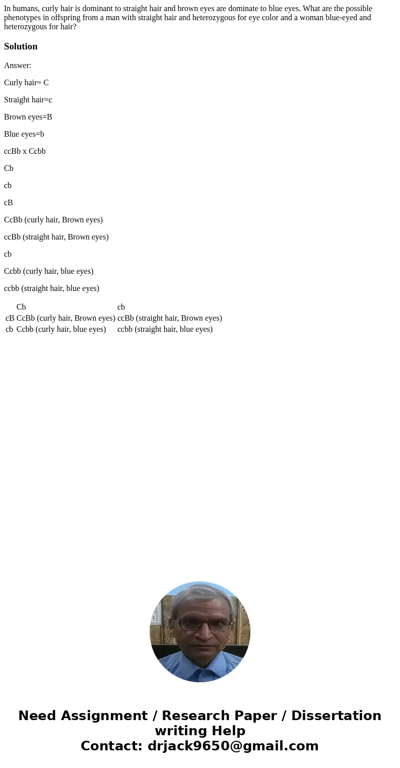  In humans, curly hair is dominant to straight hair and brown eyes are dominate to blue eyes. What are the possible phenotypes in offspring from a man with stra