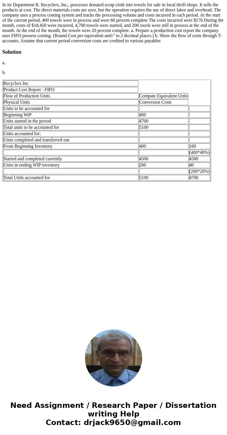  In its Department R. Recyclers, Inc., processes donated scrap cloth into towels for sale in local thrift shops. It sells the products at cost. The direct mater