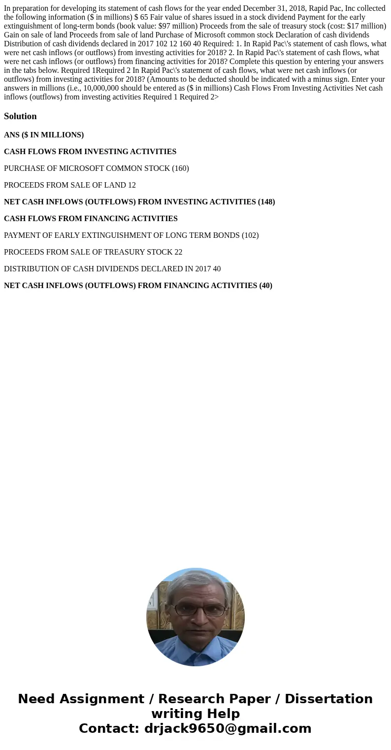  In preparation for developing its statement of cash flows for the year ended December 31, 2018, Rapid Pac, Inc collected the following information ($ in millio