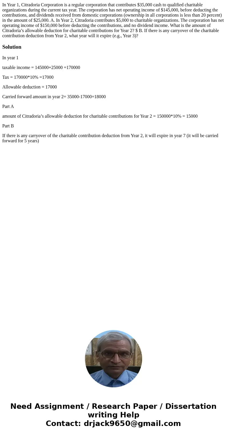 In Year 1, Citradoria Corporation is a regular corporation that contributes $35,000 cash to qualified charitable organizations during the current tax year. The 