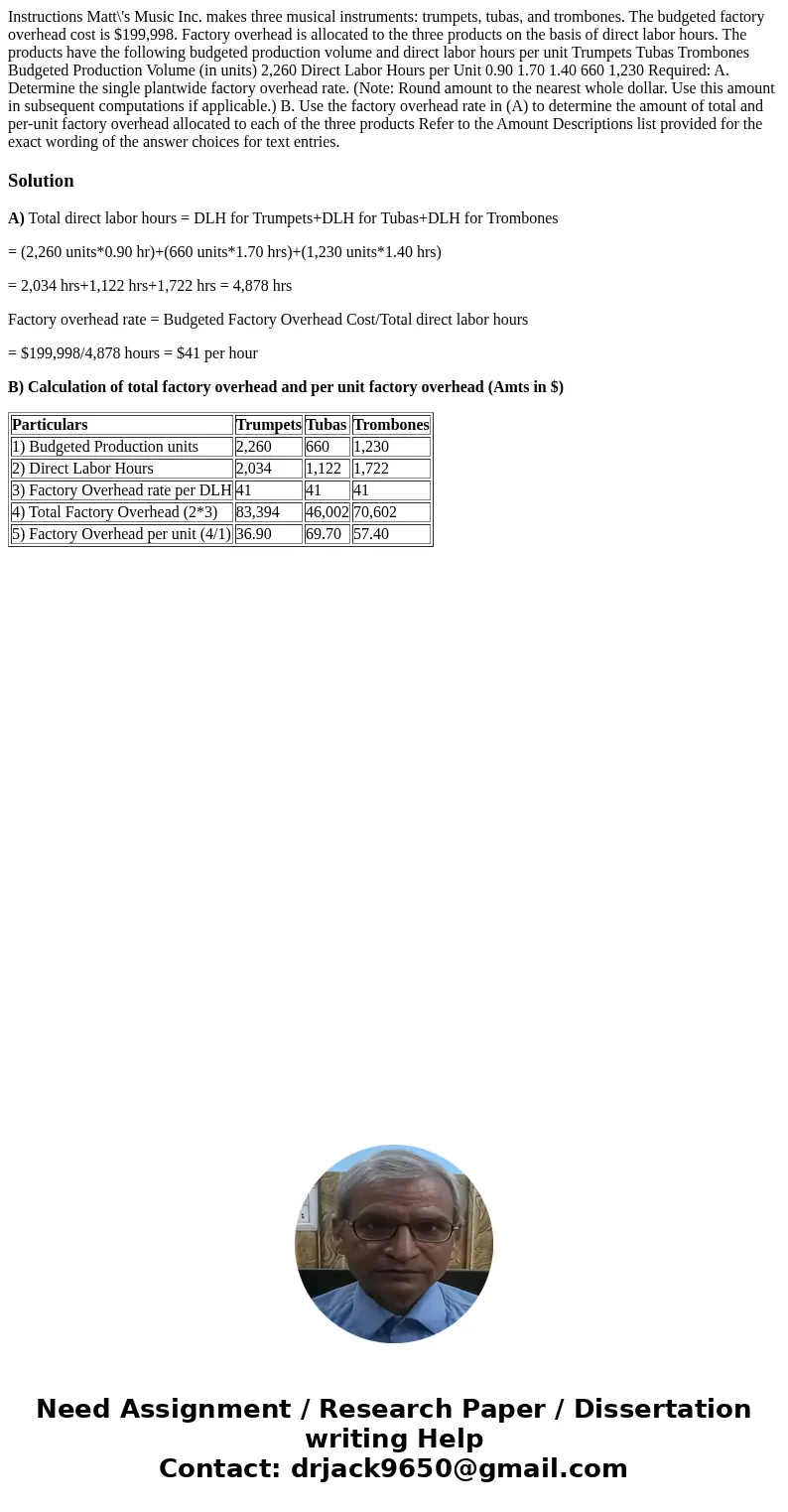 Instructions Matt\'s Music Inc. makes three musical instruments: trumpets, tubas, and trombones. The budgeted factory overhead cost is $199,998. Factory overhe  Instructions Matt\'s Music Inc. makes three musical instruments: trumpets, tubas, and trombones. The budgeted factory overhead cost is $199,998. Factory overhe