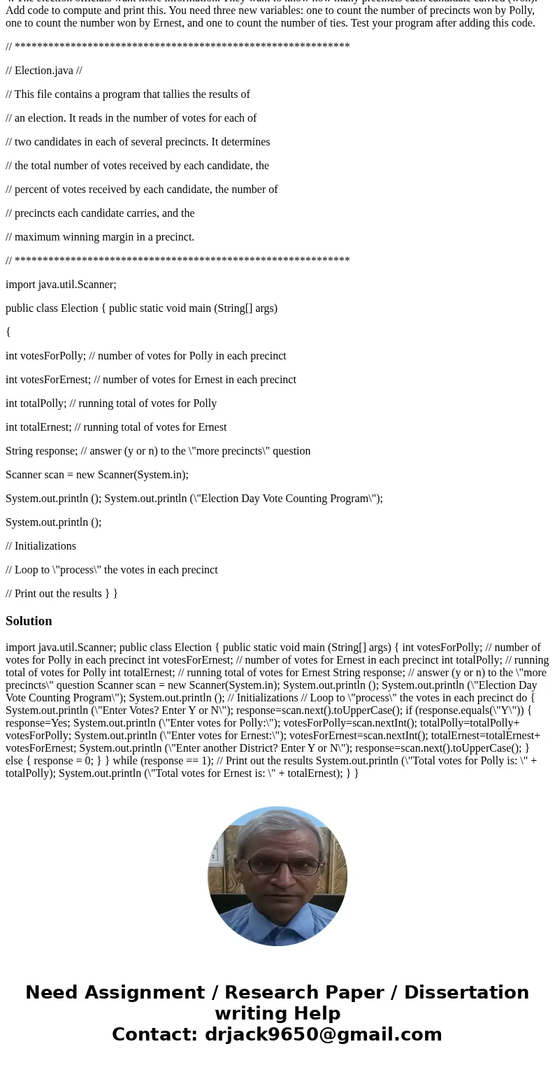 It’s almost election day and the election officials need a program to help tally election results. There are two candidates for office—Polly Tichen and Ernest O