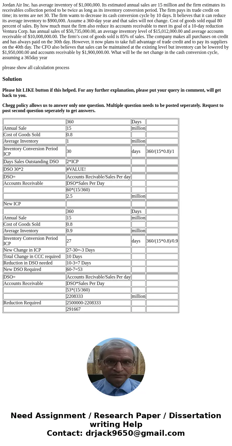 Jordan Air Inc. has average inventory of $1,000,000. Its estimated annual sales are 15 million and the firm estimates its receivables collection period to be tw Jordan Air Inc. has average inventory of $1,000,000. Its estimated annual sales are 15 million and the firm estimates its receivables collection period to be tw