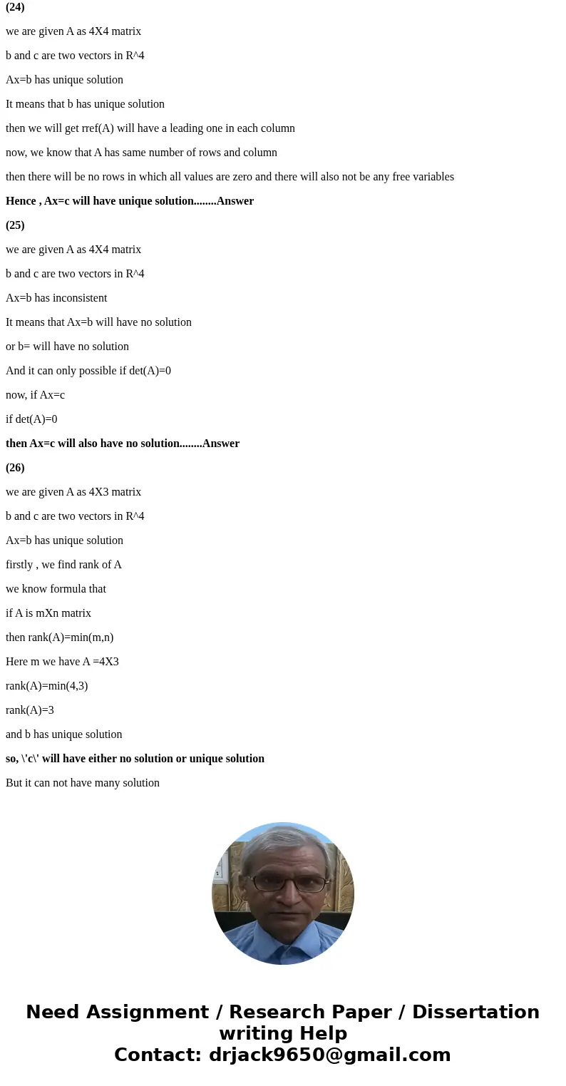 [ Linear Algebra Problem ] Please explain in detail. Perhaps it has something to do with the ranks?Solution(24) we are given A as 4X4 matrix b and c are two vec