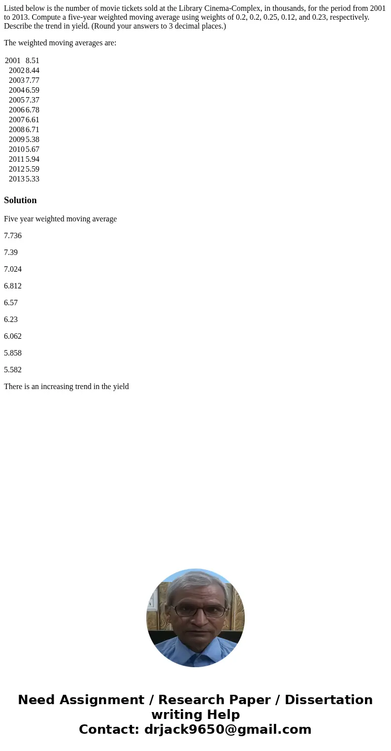 Listed below is the number of movie tickets sold at the Library Cinema-Complex, in thousands, for the period from 2001 to 2013. Compute a five-year weighted mov