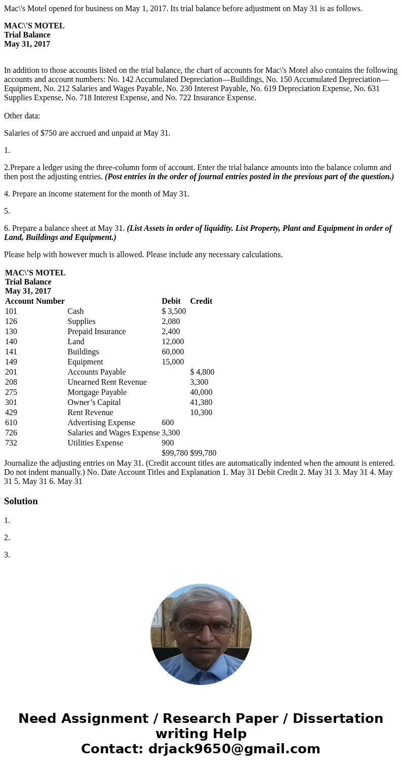 Mac\'s Motel opened for business on May 1, 2017. Its trial balance before adjustment on May 31 is as follows. MAC\'S MOTEL Trial Balance May 31, 2017 In additio