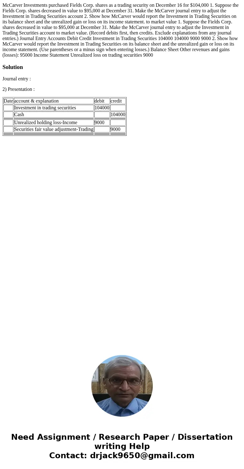 McCarver Investments purchased Fields Corp. shares as a trading security on December 16 for $104,000 1. Suppose the Fields Corp. shares decreased in value to $  McCarver Investments purchased Fields Corp. shares as a trading security on December 16 for $104,000 1. Suppose the Fields Corp. shares decreased in value to $