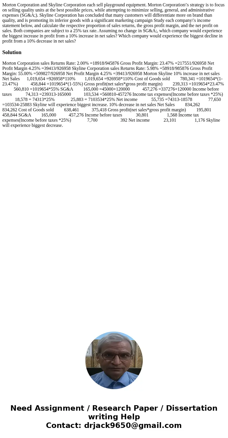  Morton Corporation and Skyline Corporation each sell playground equipment. Morton Corporation\'s strategy is to focus on selling quality units at the best poss
