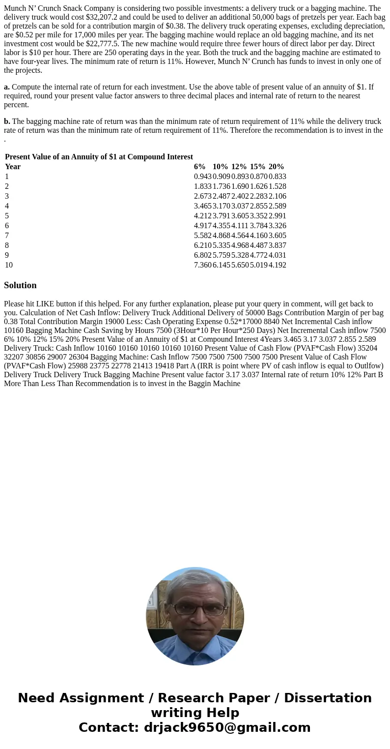Munch N’ Crunch Snack Company is considering two possible investments: a delivery truck or a bagging machine. The delivery truck would cost $32,207.2 and could 