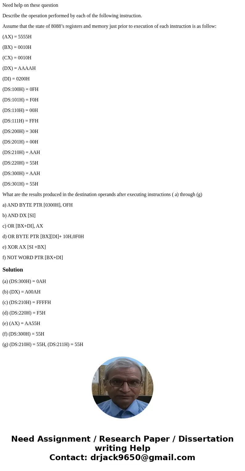 Need help on these question Describe the operation performed by each of the following instruction. Assume that the state of 8088’s registers and memory just pri Need help on these question Describe the operation performed by each of the following instruction. Assume that the state of 8088’s registers and memory just pri