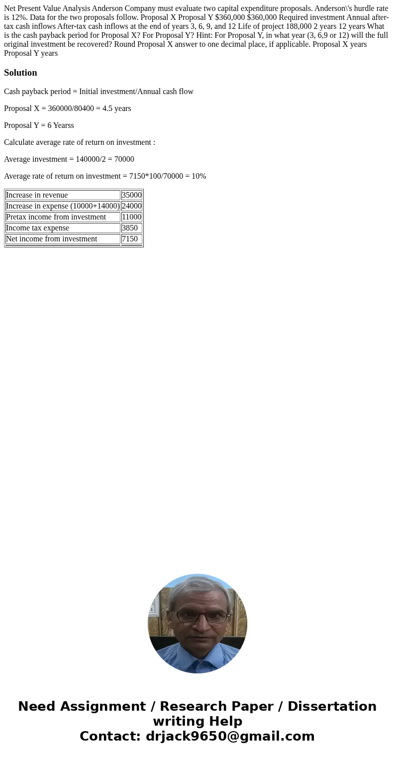  Net Present Value Analysis Anderson Company must evaluate two capital expenditure proposals. Anderson\'s hurdle rate is 12%. Data for the two proposals follow.