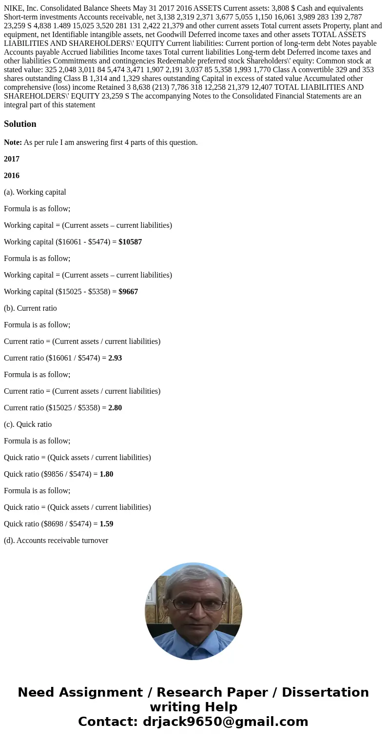  NIKE, Inc. Consolidated Balance Sheets May 31 2017 2016 ASSETS Current assets: 3,808 $ Cash and equivalents Short-term investments Accounts receivable, net 3,1